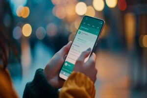 Pessoa em ambiente externo segurando o celular e lendo sobre como colocar mensagem automática no WhatsApp